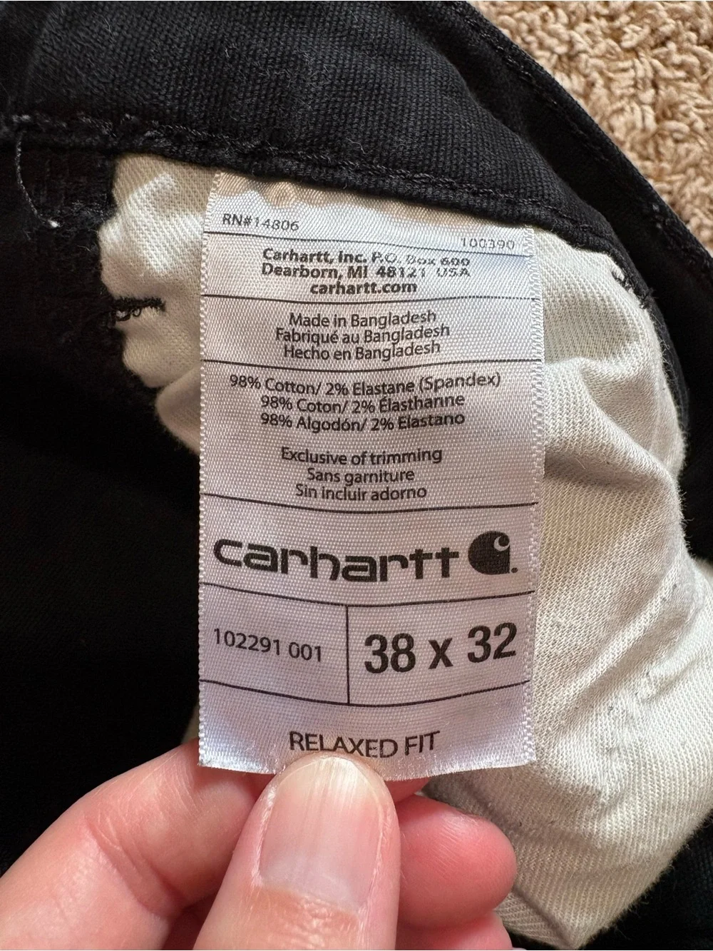 Carhartt Men’s Black Canvas Pants Relaxed Fit size 38x32